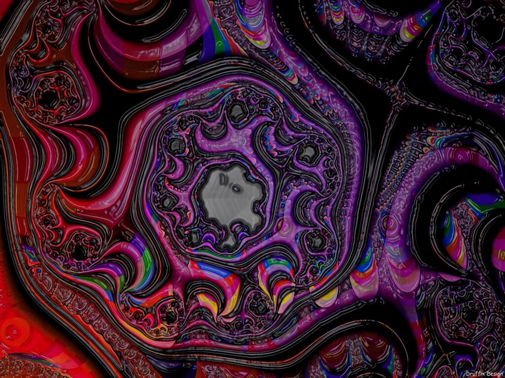 Vibrant dye wallpaper with swirling purple red black abstract vortex and glossy psychedelic fractal design