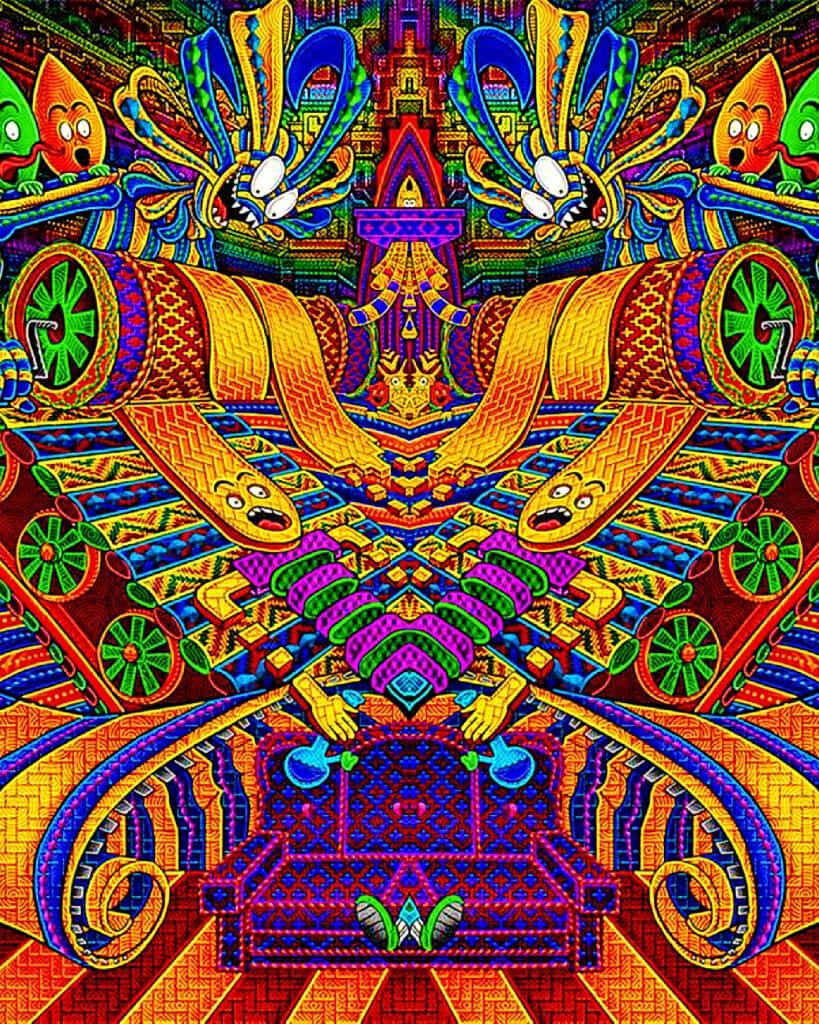 Vibrant Psychedelic Wallpaper: Bold, Symmetrical Kaleidoscopic Design