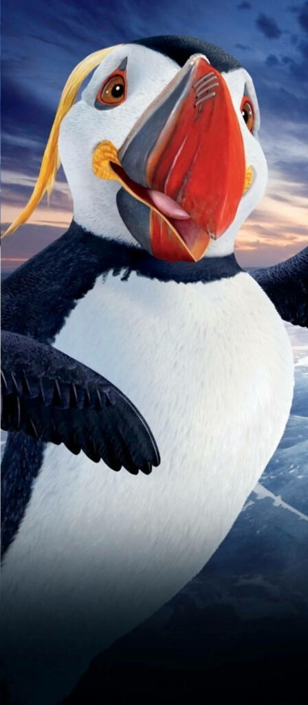 Vibrant Puffin Wallpaper: Unique Beak & Wings Against Dynamic Background