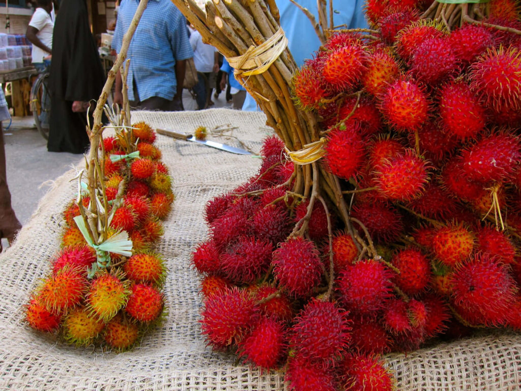 Vibrant Pulasan Fruit Wallpaper on Rustic Burlap - Bold Colors & Texture