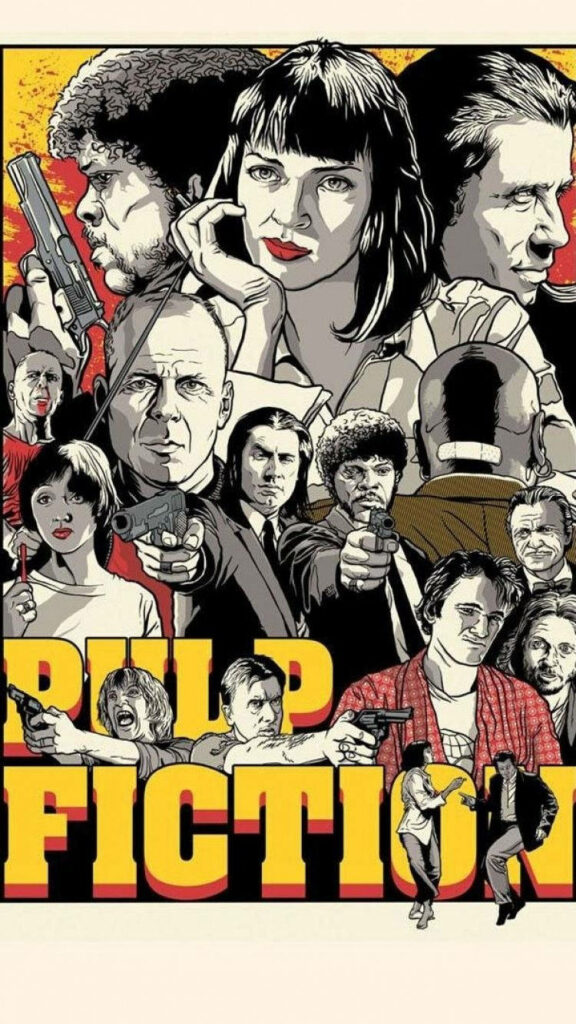 Pulp Fiction Wallpaper: Vibrant Collage of Iconic Quentin Tarantino Scenes