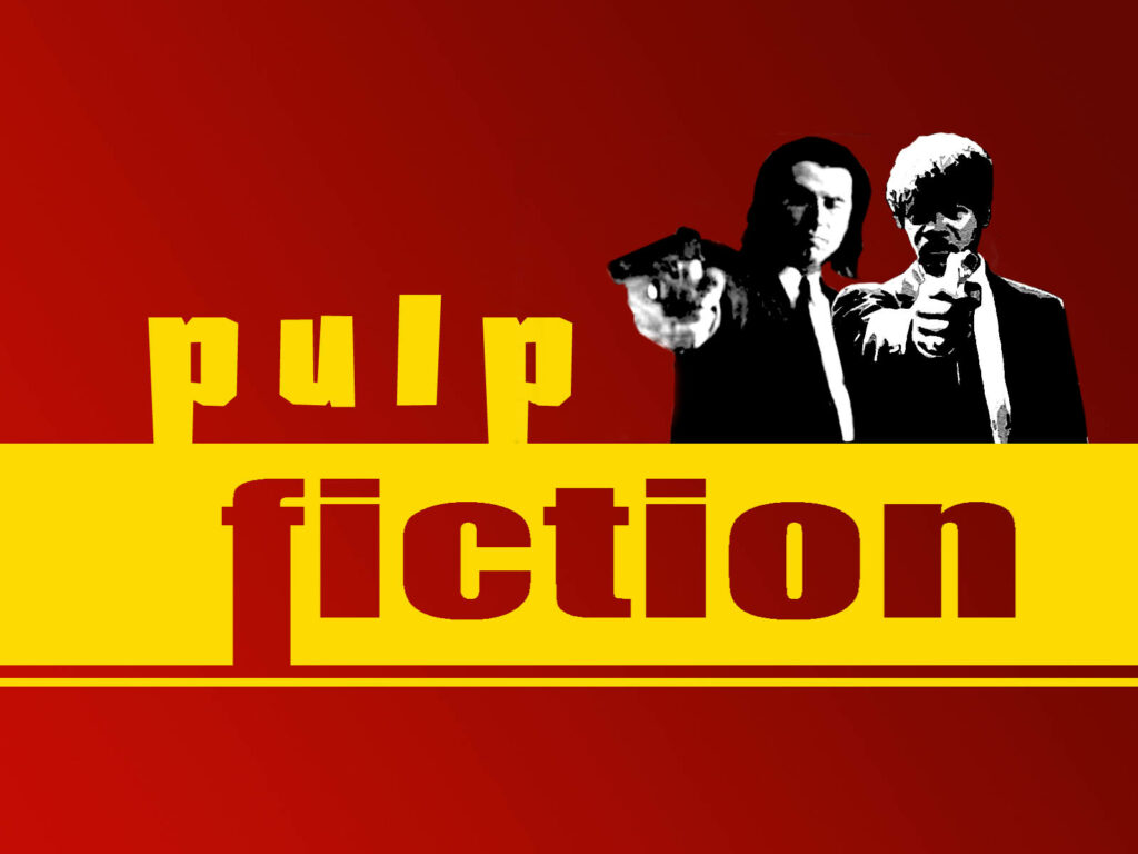 Vibrant Pulp Fiction Wallpaper: Travolta & Jackson in Bold Red & Yellow