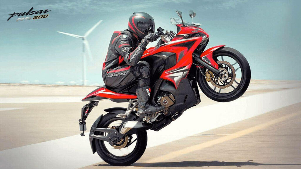 Electrifying Pulsar RS200 Motorcycle Wheelie Wallpaper Background