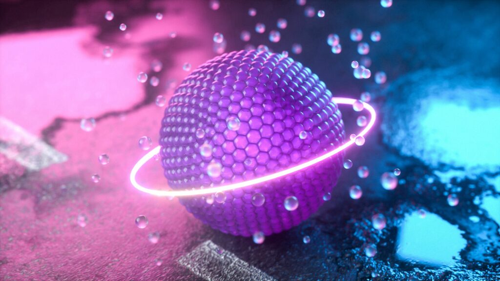 Stunning 3D Purple Honeycomb Wall Art with Glowing Orbs Wallpaper
