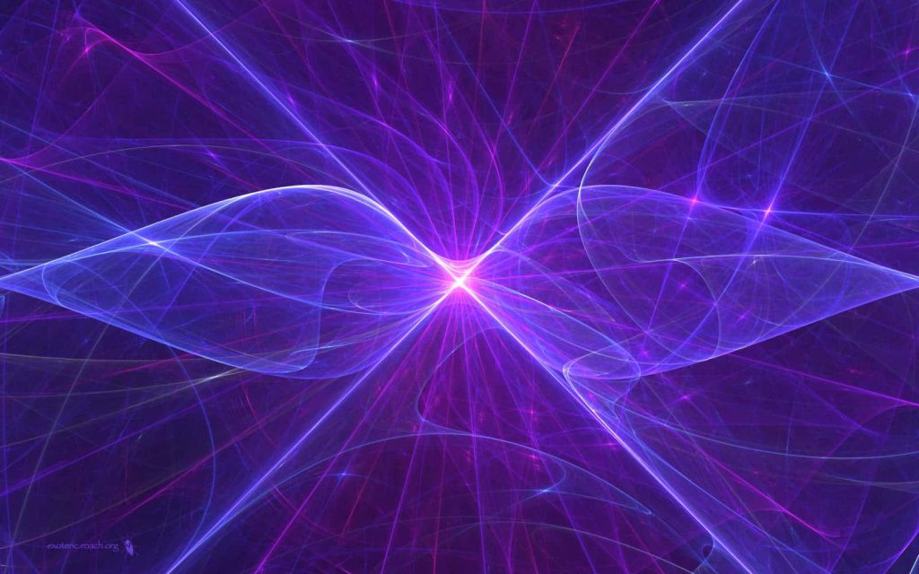 Abstract purple wallpaper with glowing mirrored ultraviolet rays and dynamic light waves
