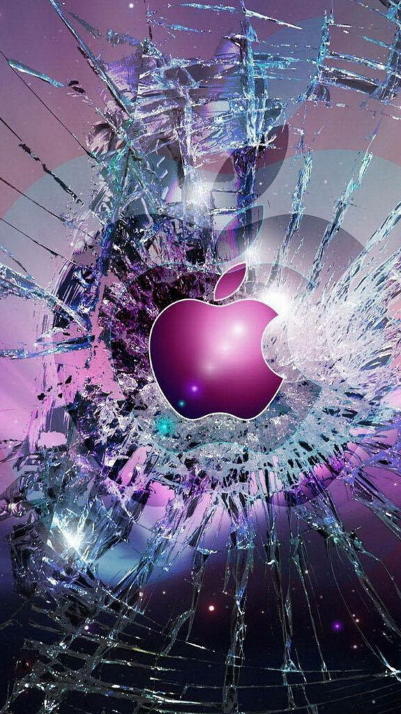 Vibrant Purple Apple Logo on Shattered Glass Background Wallpaper