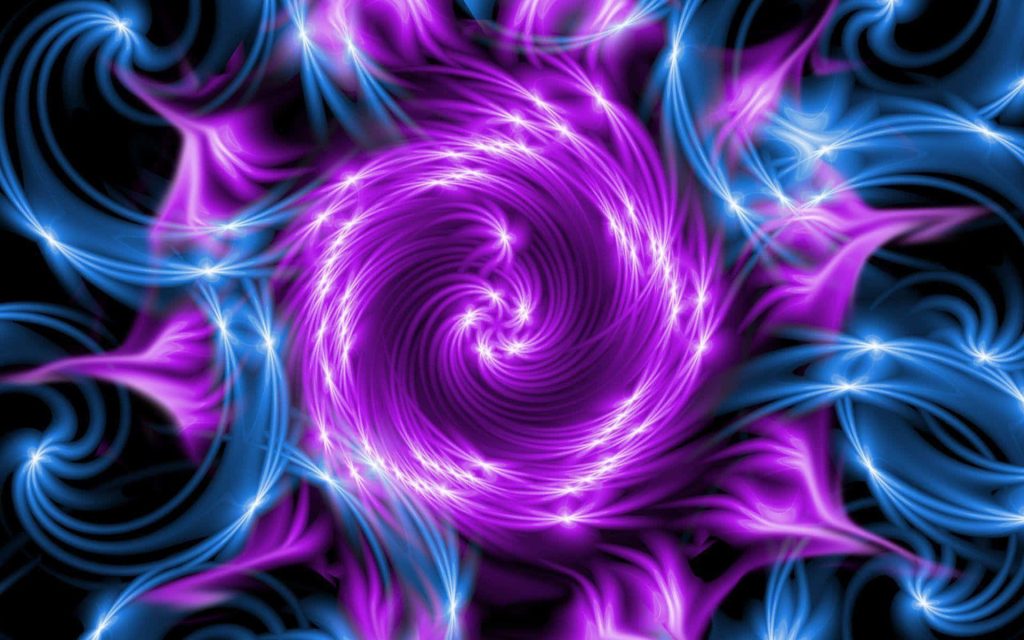 Vibrant purple blue spiral with glowing light trails and stars on a black cosmic background wallpaper