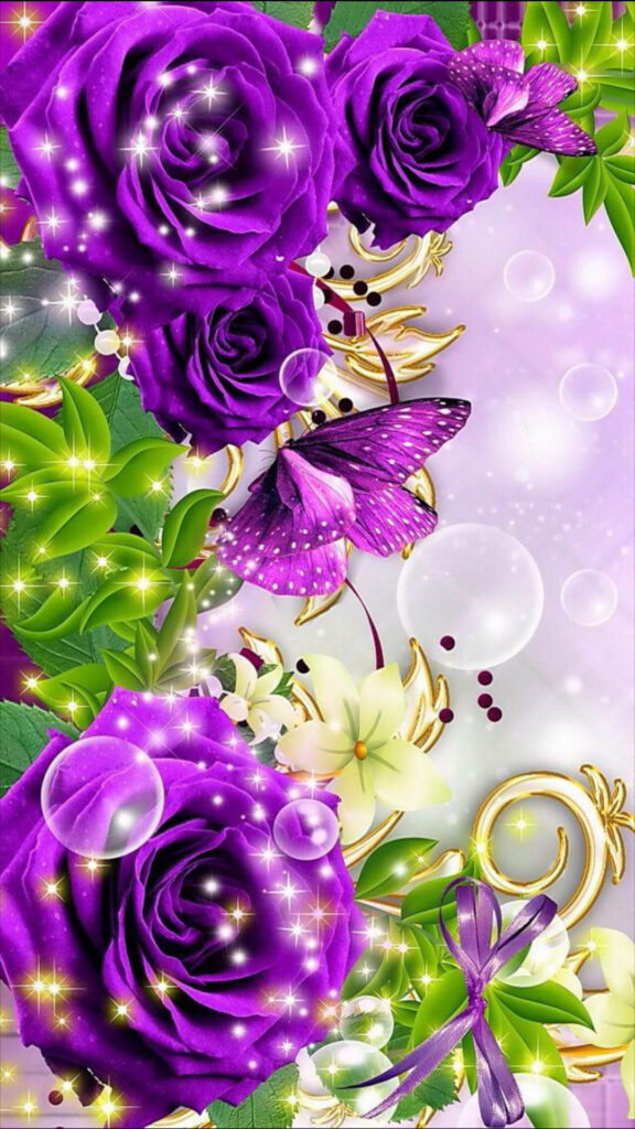Enchanting Purple Butterfly Wallpaper with Roses & Sparkling Details