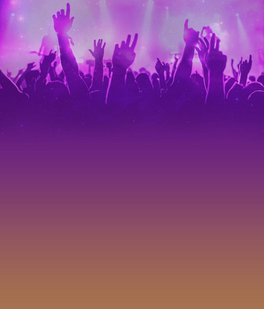 Vibrant purple concert crowd wallpaper with raised hands and warm gradient for creative layouts