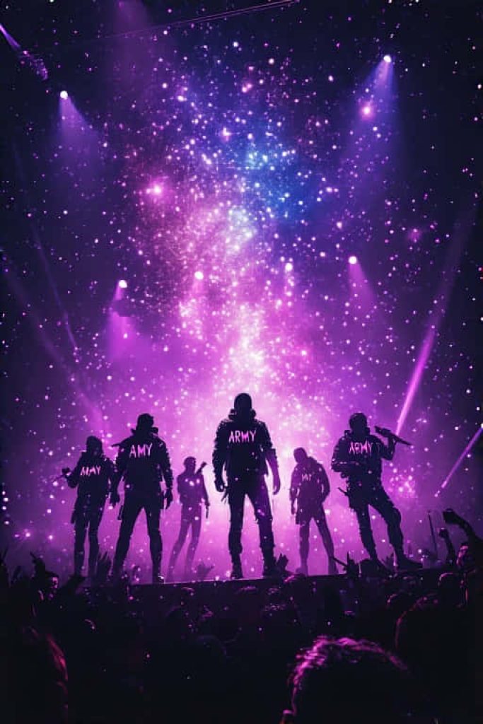Vibrant concert wallpaper with performer silhouettes under purple galaxy lights live music background