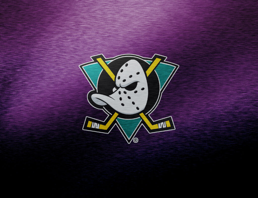 Purple gradient background with classic Anaheim Ducks logo hockey wallpaper design