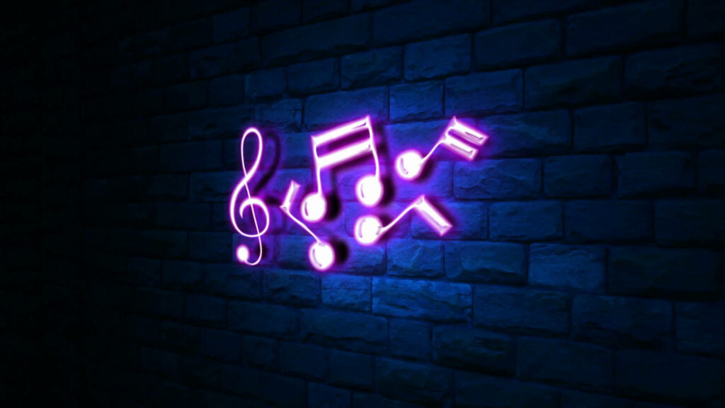 Vibrant Purple Musical Notes Wallpaper on Dark Brick Wall