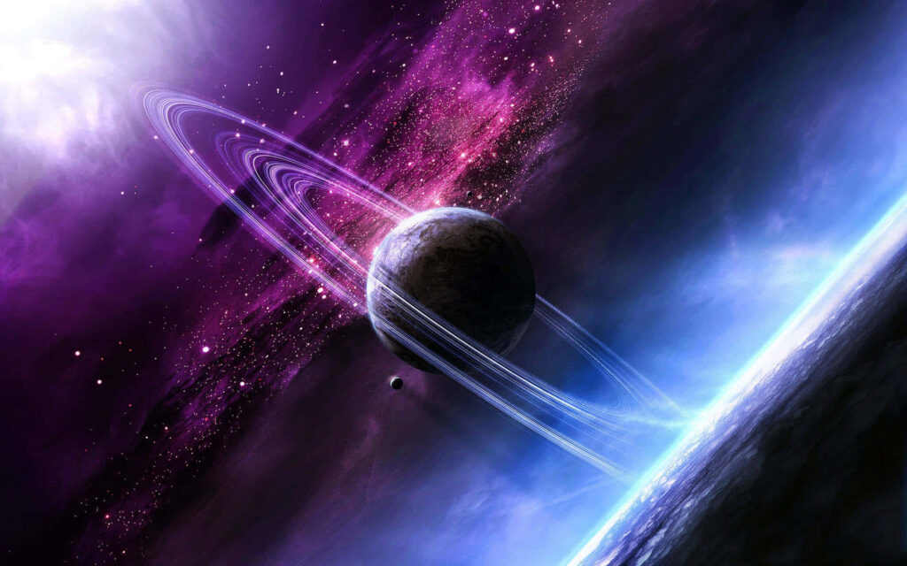 Vibrant purple and pink nebula with a ringed planet in a starry cosmic wallpaper.