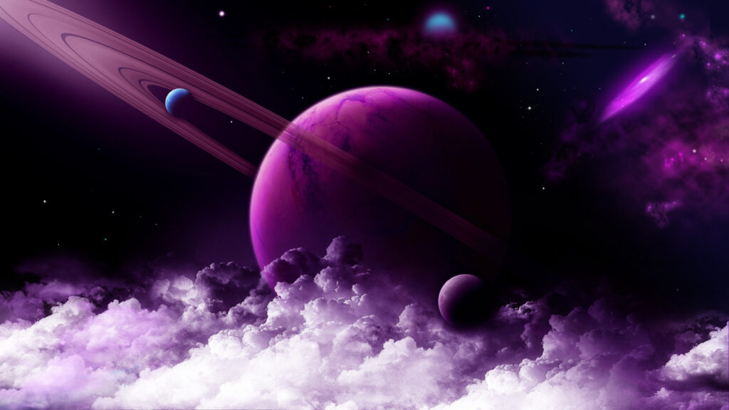 Stunning Purple Planet Wallpaper with Glowing Rings & Cosmic Clouds