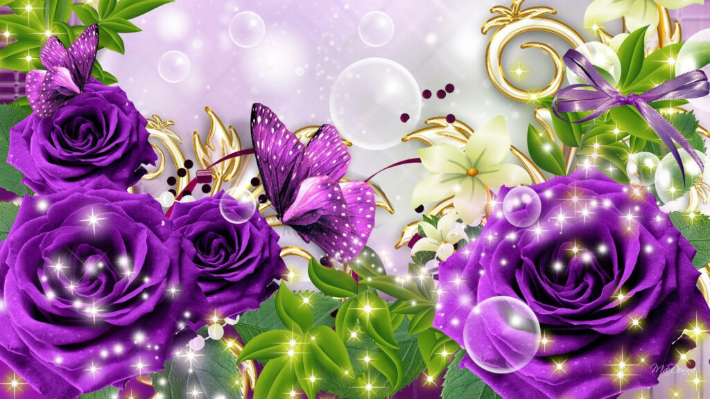 Enchanting Purple Roses & Butterfly Wallpaper Background