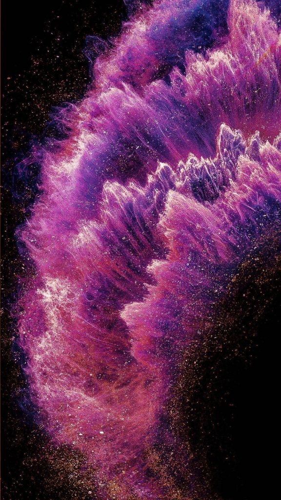 Abstract purple sand swirl with magenta particles on black background iPhone wallpaper design