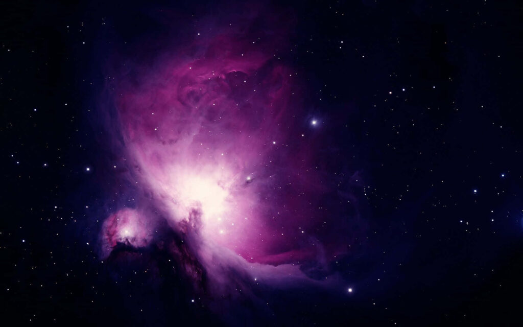 Vibrant space nebula wallpaper in purple, pink, and white, set against a starry cosmic background for a stunning decor.