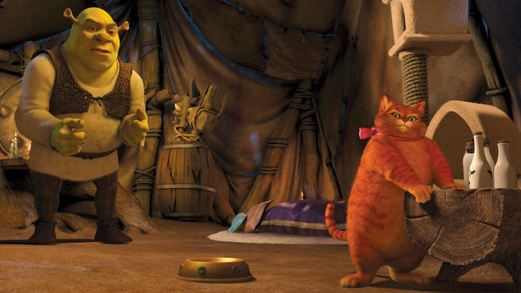 Cozy Puss in Boots & Shrek Wallpaper: Iconic Animated Charm