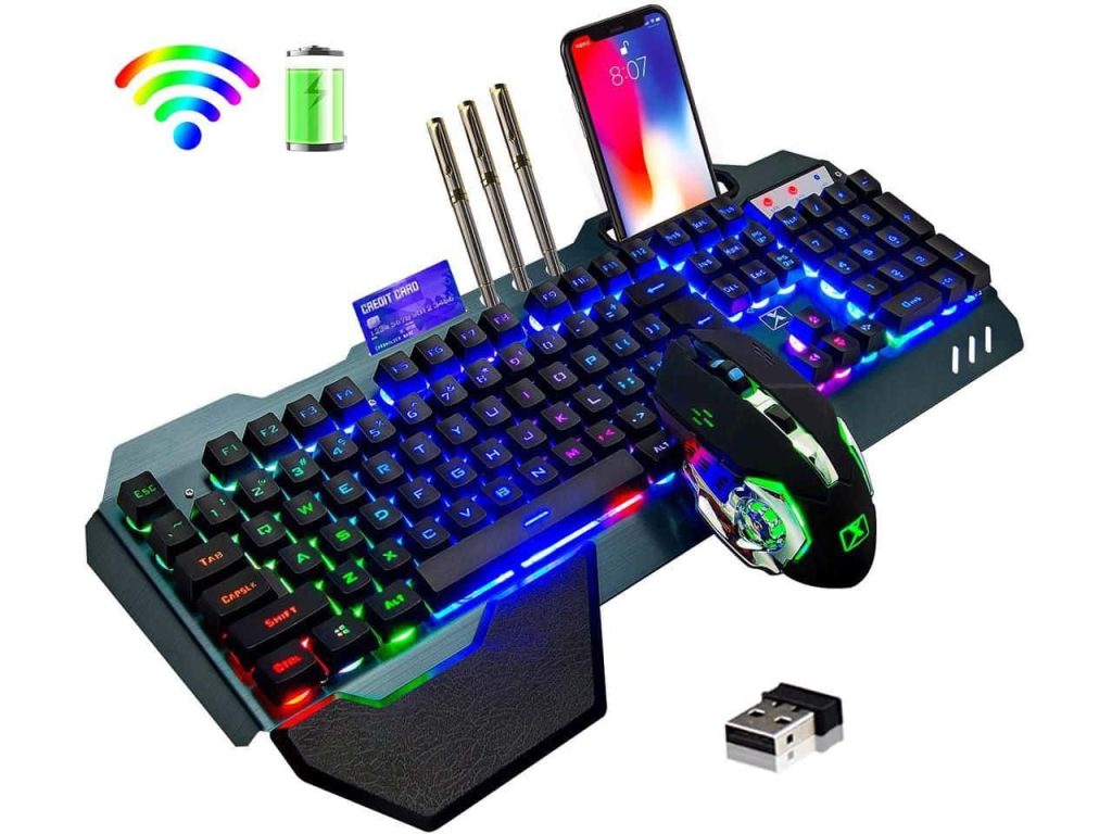 Vibrant gaming setup with RGB keyboard mouse smartphone stand and wireless USB receiver on white Wallpaper