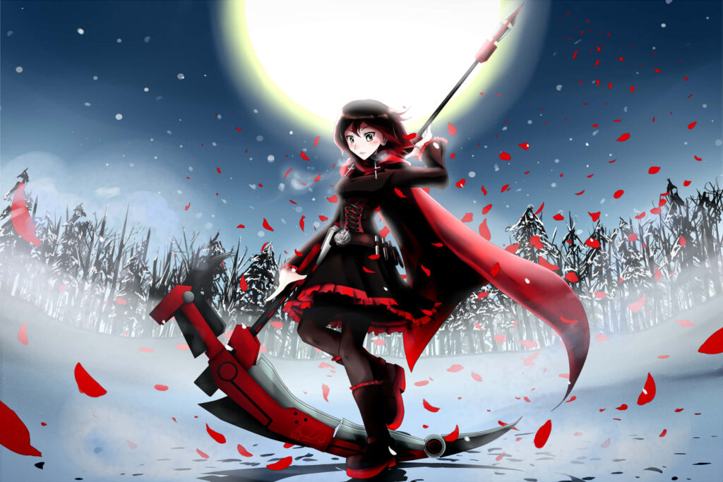 Dynamic RWBY Ruby Rose Wallpaper with Crescent Rose & Moonlit Forest