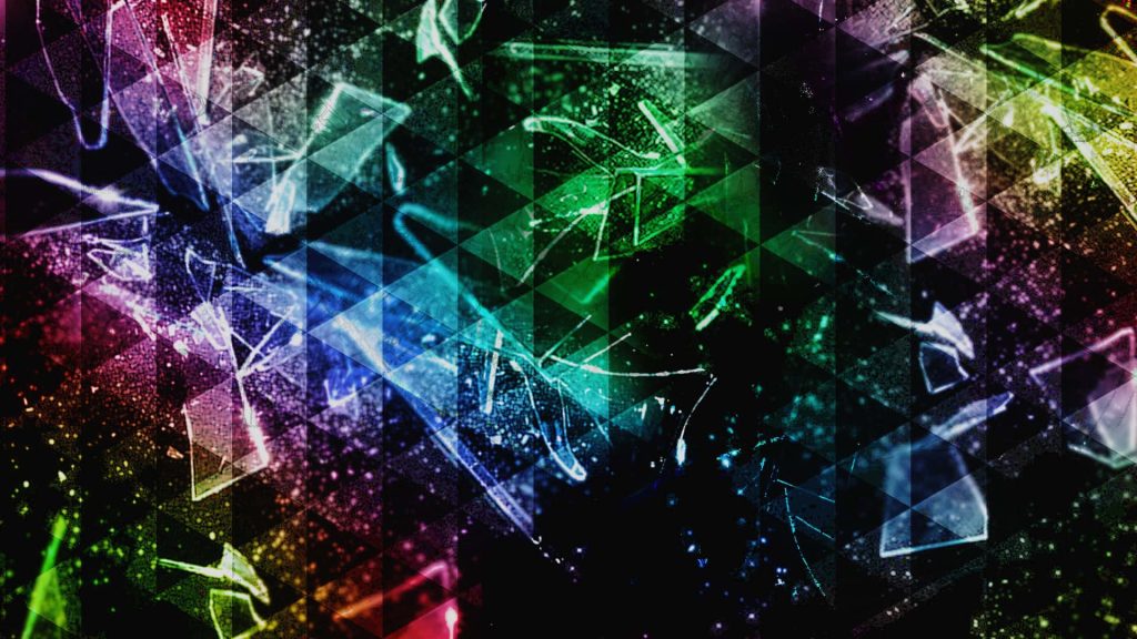 Vibrant abstract wallpaper with rainbow shattered glass and geometric triangles on black background