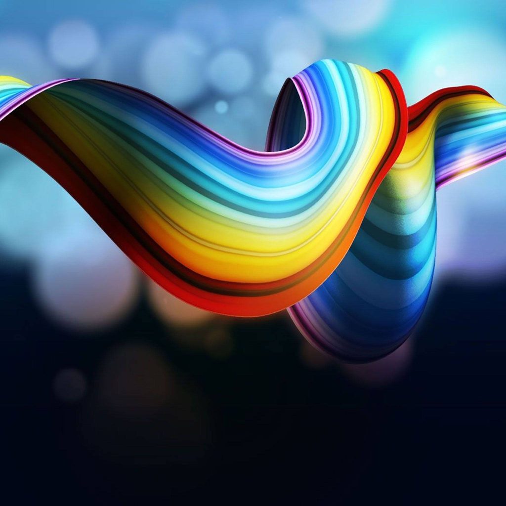 Vibrant rainbow 3D ribbon wave wallpaper with glossy flow and dark bokeh background design