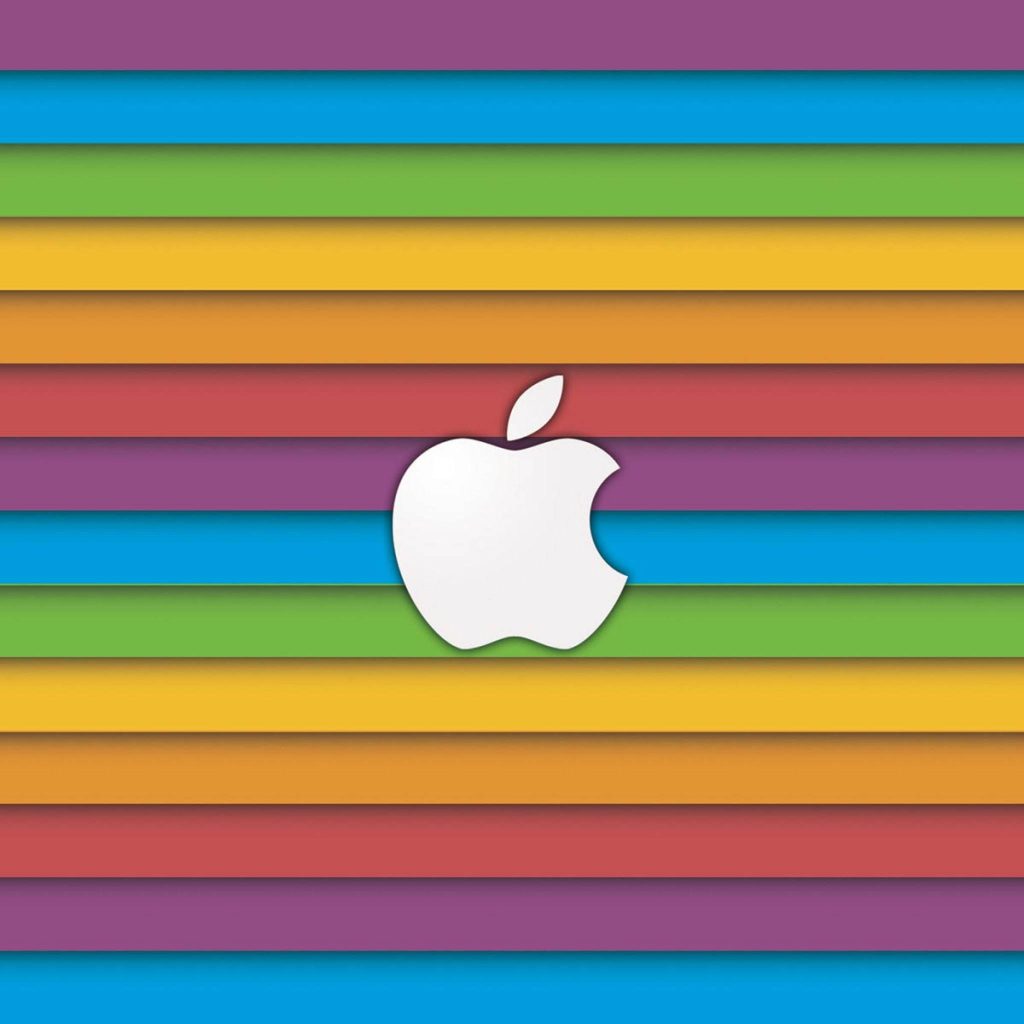 Rainbow aesthetic Apple wallpaper with white logo over vibrant horizontal stripes background