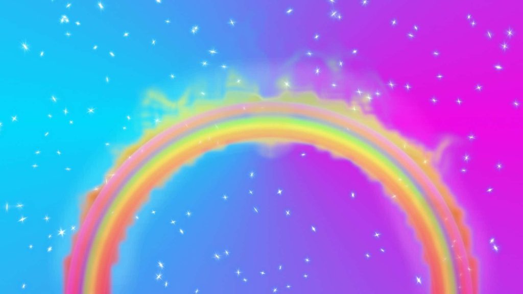 Vibrant arching rainbow with sparkling stars on cyan to pink gradient magical background wallpaper