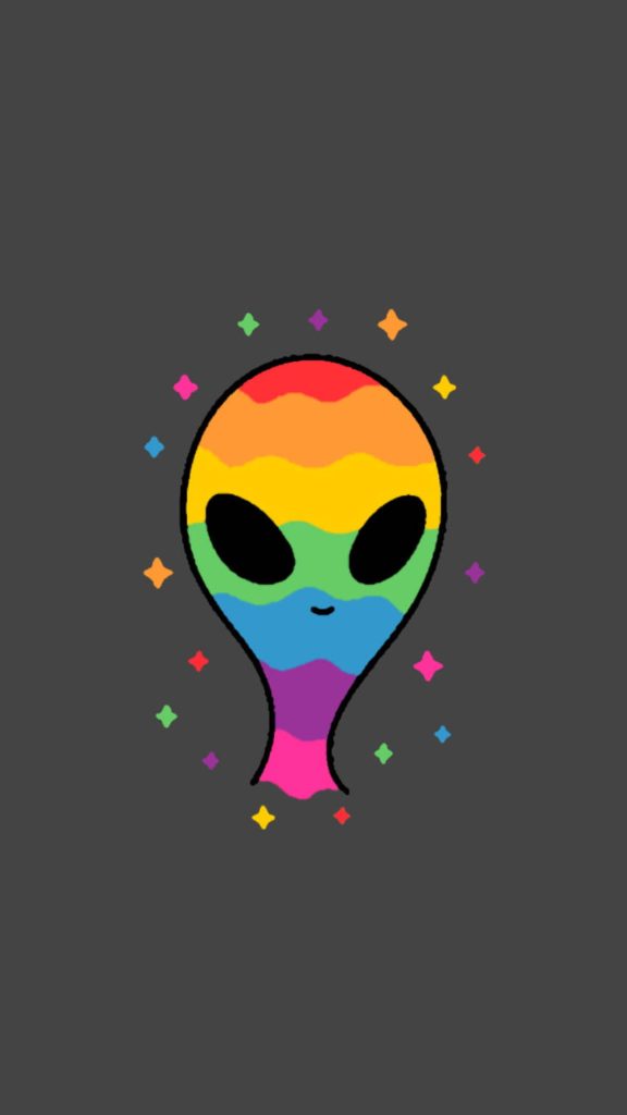 Cute rainbow alien head wallpaper with stars on dark gray background for Pride celebration