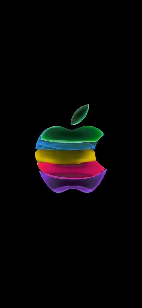 Pulsating Rainbow Apple Logo on Sleek Black 3D iPhone Background Wallpaper