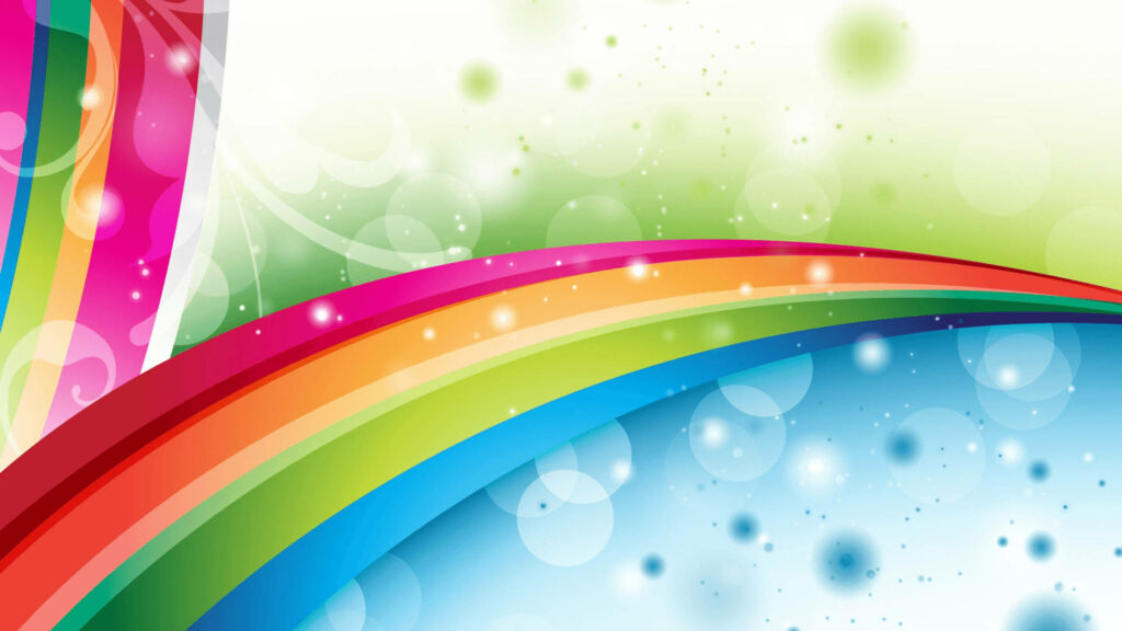 Vibrant rainbow arches with bokeh and floral swirls on green blue gradient abstract wallpaper