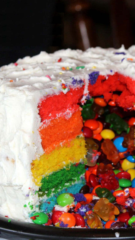 Vibrant Rainbow Cake Wallpaper: Colorful, Candy-Filled Delight