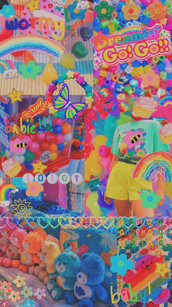 Vibrant rainbow Care Bears kidcore collage with playful text and neon nostalgic aesthetic wallpaper