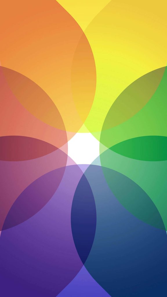 Vibrant symmetrical rainbow circles digital abstract iPhone wallpaper with overlapping colorful arcs