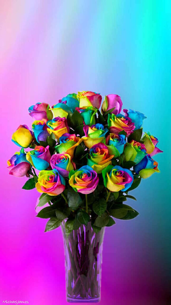 Vibrant Rainbow Roses in Clear Vase against Colorful Background Wallpaper