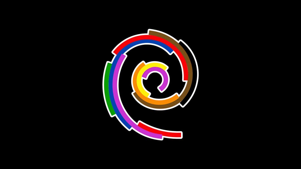 Debian swirl logo in vibrant rainbow segments on black minimalist digital vector wallpaper background