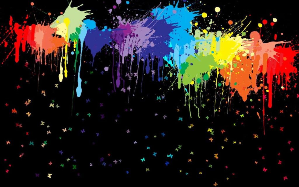 Vibrant rainbow drip paint splatter with colorful butterflies on deep black background wallpaper
