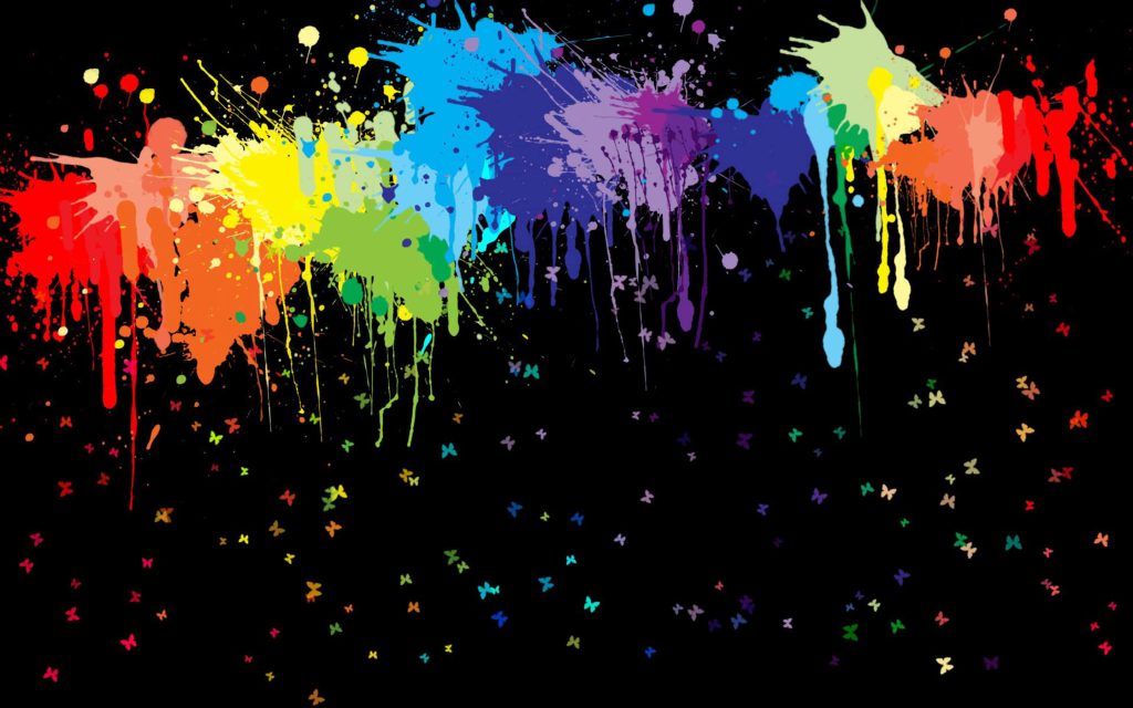 Vibrant abstract wallpaper with rainbow dripping paint and butterfly silhouettes on black background