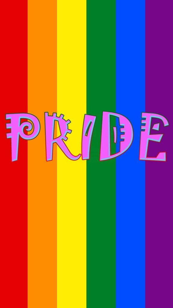 Vibrant digital wallpaper with classic rainbow flag and playful pink Pride text for LGBTQ+ celebration