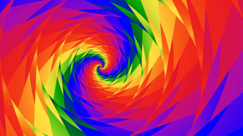 Vibrant rainbow geometric vortex digital art with sharp colorful spiraling shapes abstract wallpaper