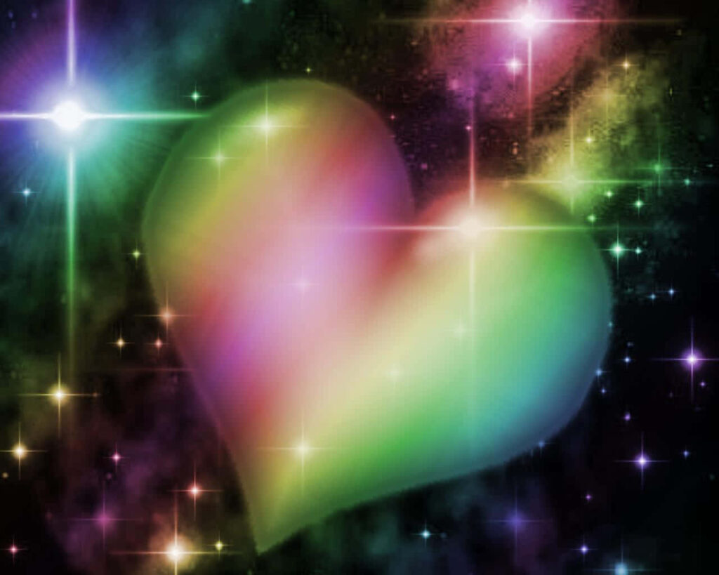 Vibrant Rainbow Heart Wallpaper with Sparkling Stars & Cosmic Background