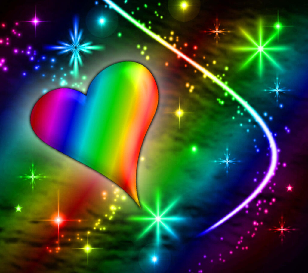 Glowing Rainbow Heart Wallpaper: Dazzling Starry Background