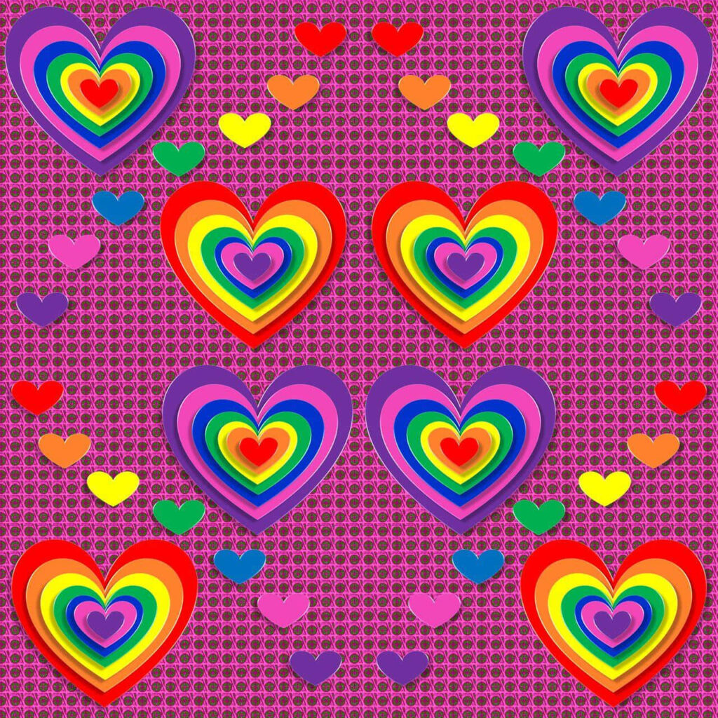 Vibrant Rainbow Hearts Wallpaper on Textured Pink Background
