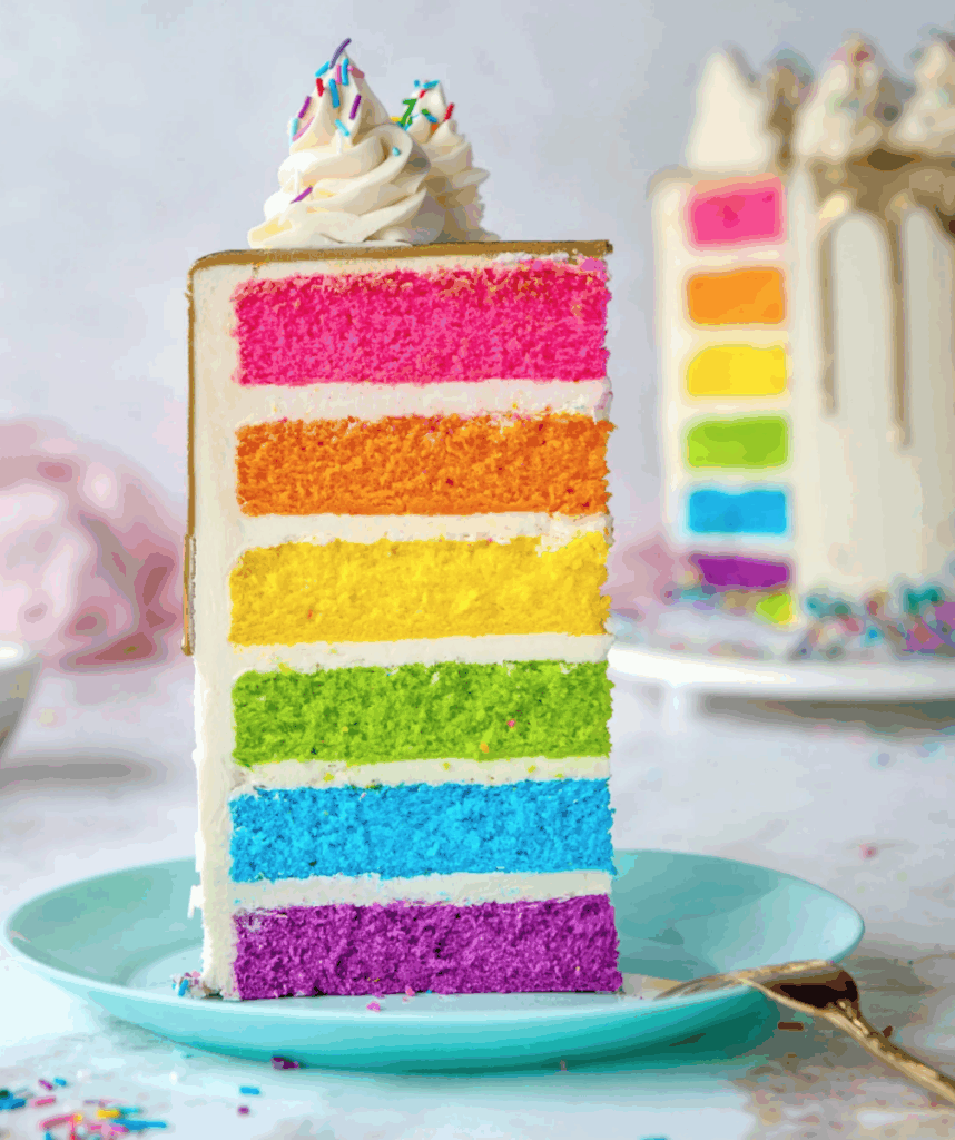 Tall rainbow layer cake with white frosting and sprinkles on pastel blurred wallpaper background