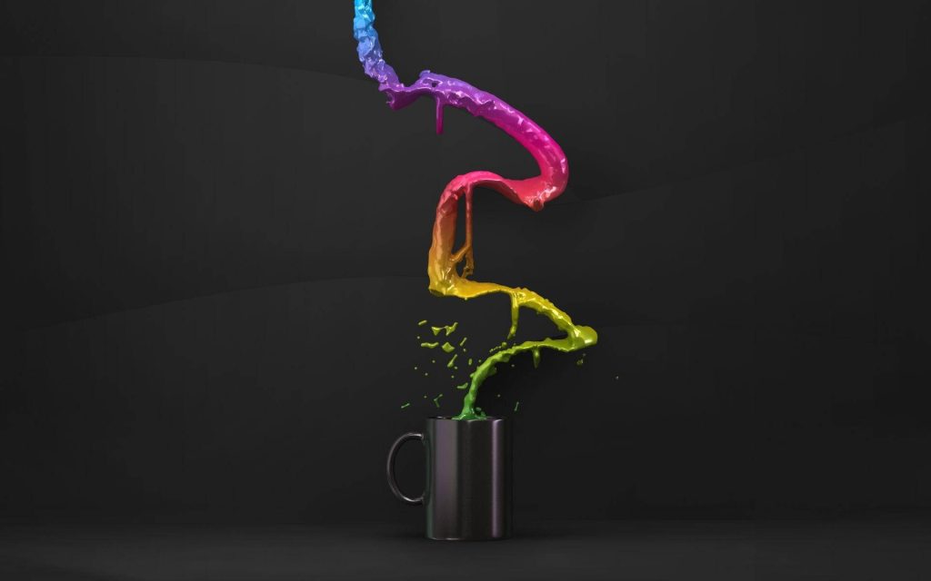 Dark coffee mug with vibrant rainbow liquid splash minimalist colorful desktop wallpaper