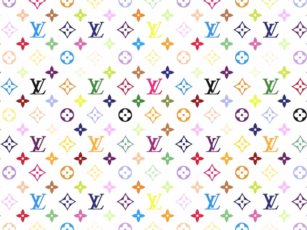 White background wallpaper with colorful rainbow Louis Vuitton LV monogram and floral motifs