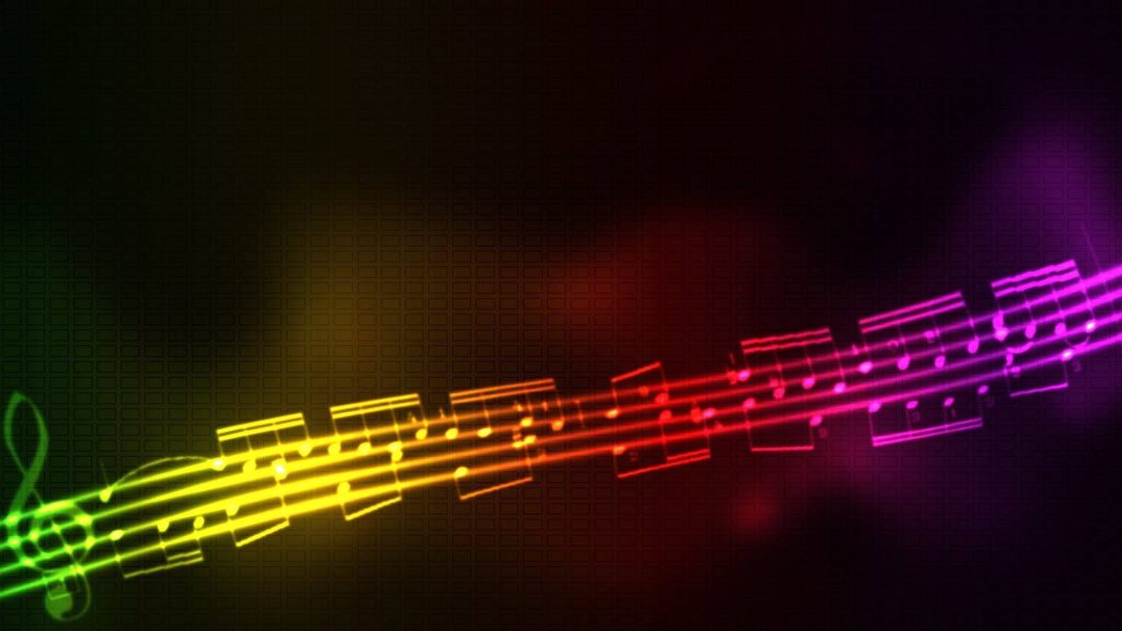 Vibrant rainbow music notes glowing on dark grid background abstract digital art wallpaper