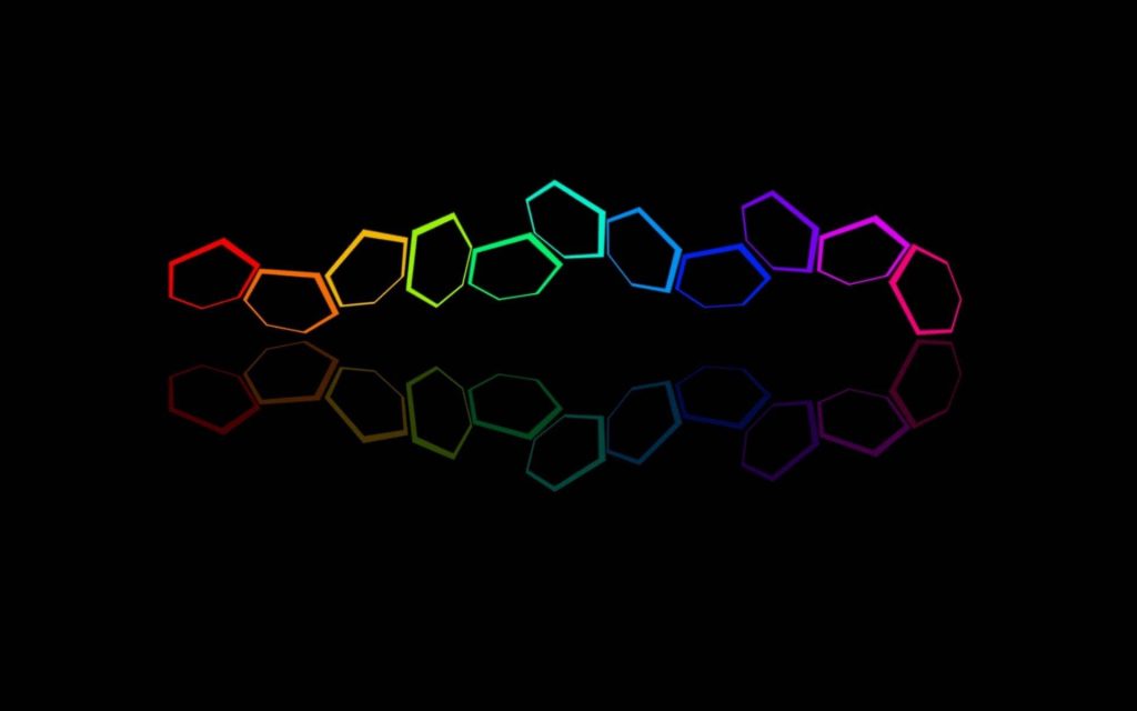 Minimalist digital wallpaper with glowing rainbow pentagons chain on black background reflection