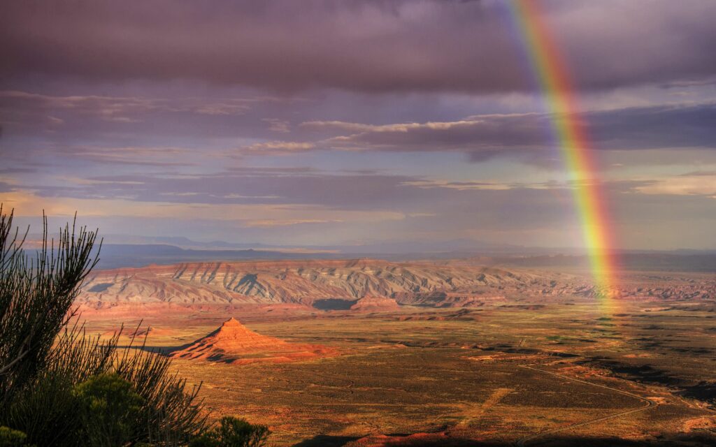 Vibrant rainbow over desert landscape with dramatic sky and golden light after rain wallpaper