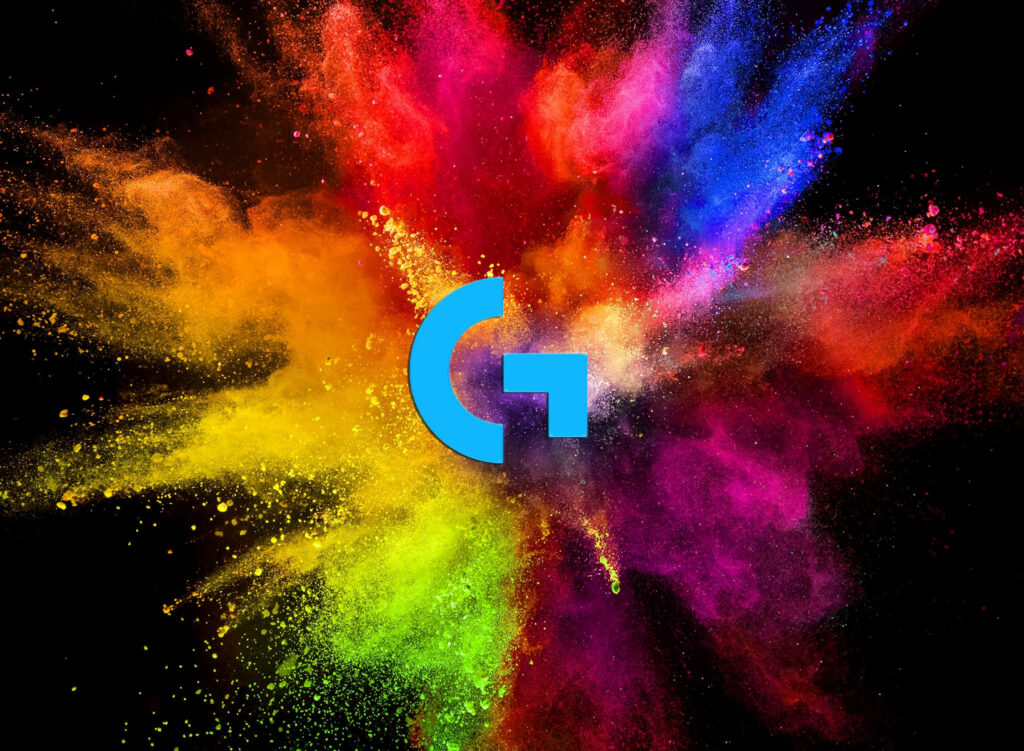 Logitech G logo with vibrant rainbow powder burst on sleek black background digital wallpaper